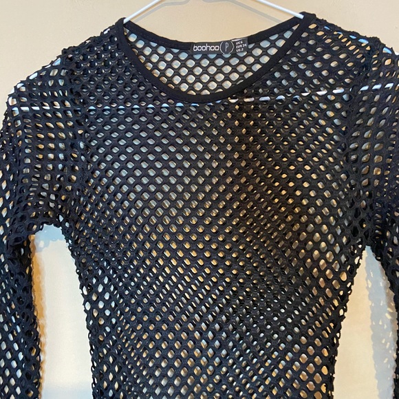 BOOHOO BLACK Net Bodysuit Top long Sleeve Sexy SZ 2 (XS) See-through Party - Picture 6 of 8